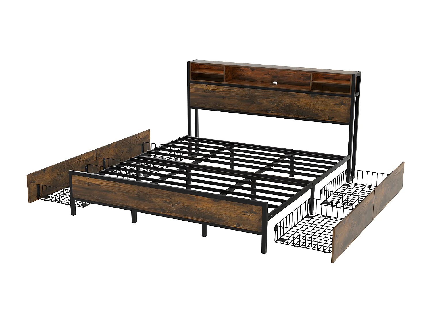 Lit double avec 4 tiroirs - 180x200cm - avec LED et fonction de charge - cadre en métal - Marron