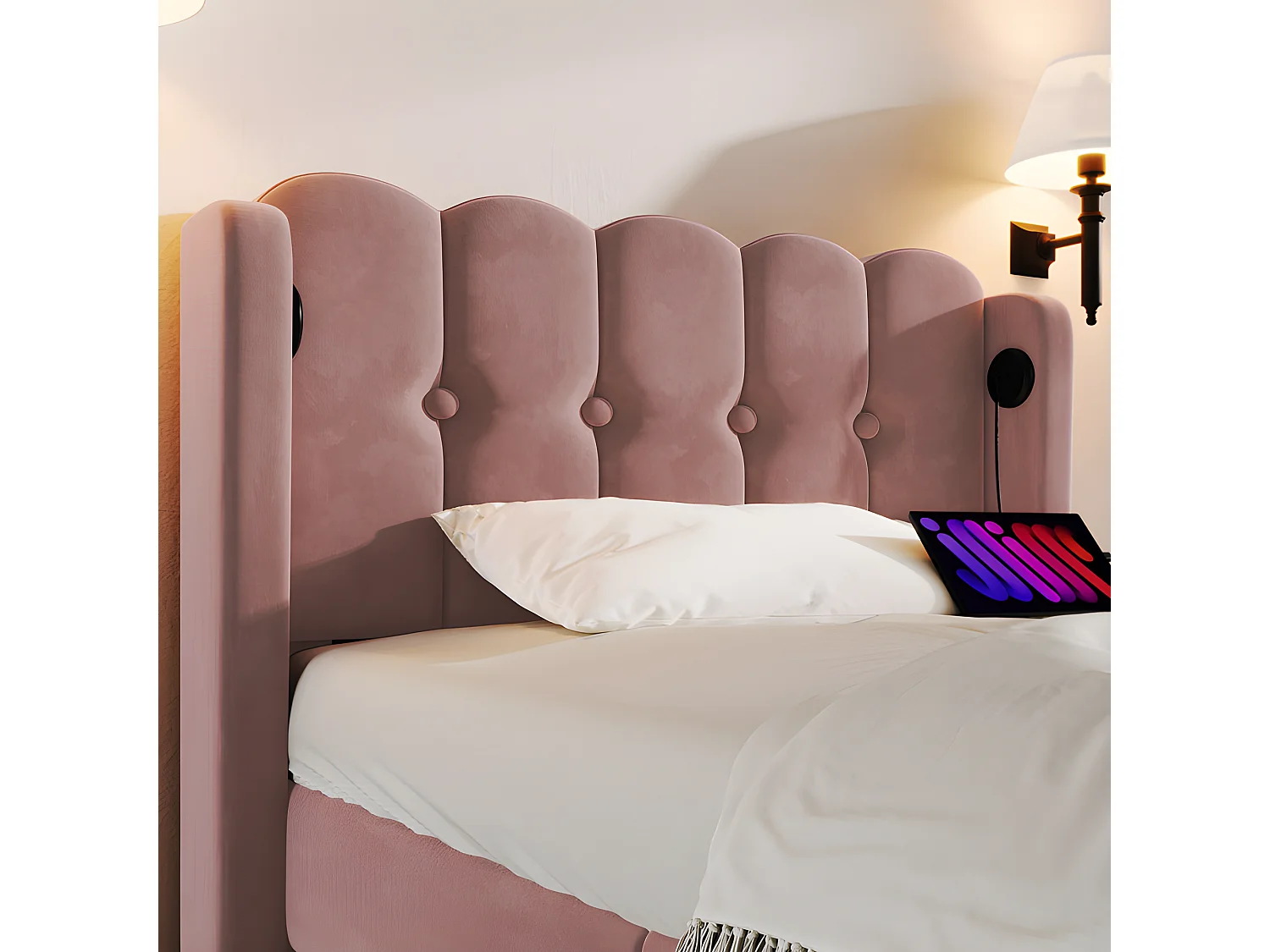 Cama 90x200cm tapizada en terciopelo - con puertos de carga y somier - Rosa