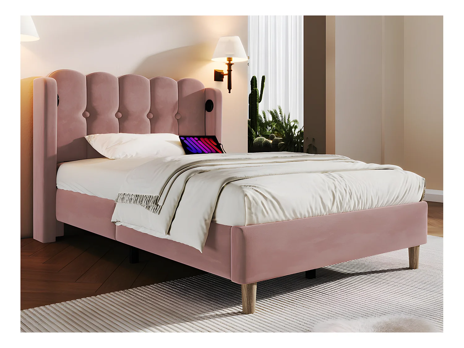 Lit 90x200cm rembourré en velours - avec Ports de recharge et sommier à lattes - Rose