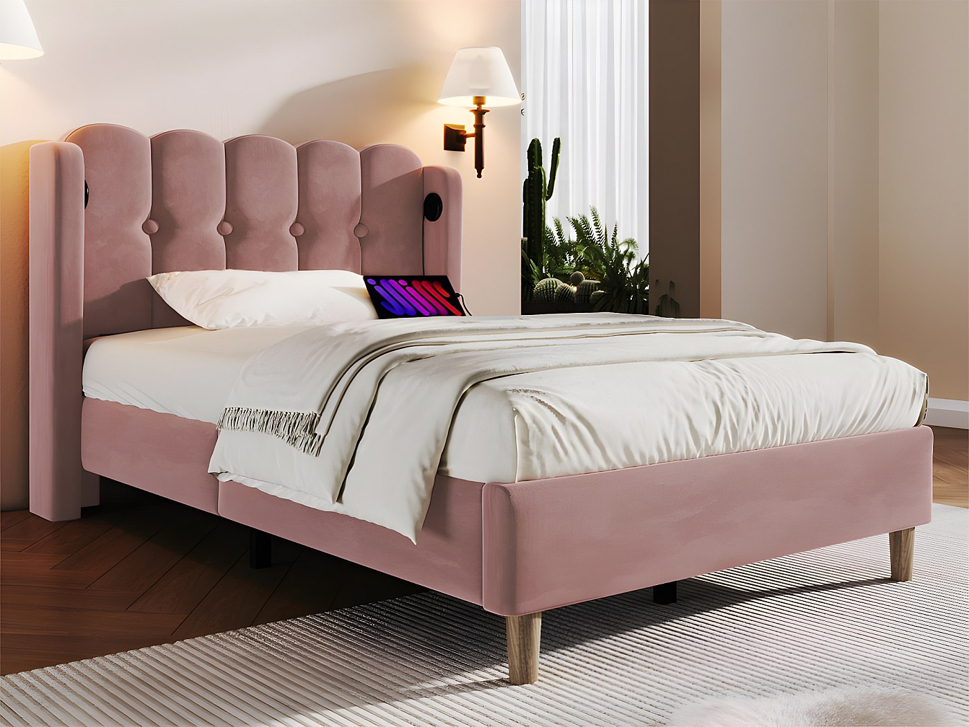 APP-Control - Letto imbottito singolo, con LED, telaio in metallo, con ricarica USB tipo C, funzione di ricarica e 2 cassetti, in velluto (bianco/senza materasso, 90 x 200 cm