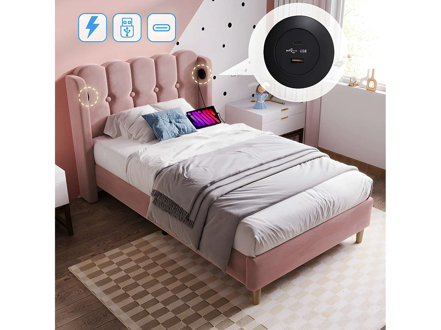 Lit 90x200cm rembourré en velours - avec Ports de recharge et sommier à lattes - Rose