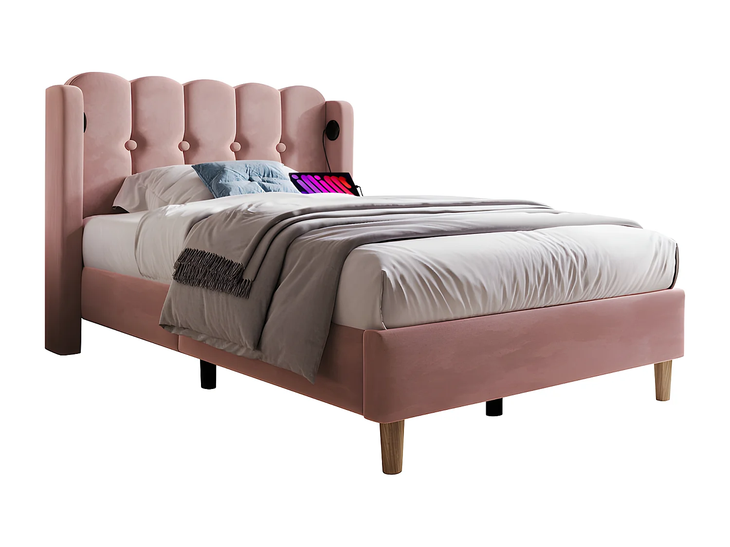 Lit 90x200cm rembourré en velours - avec Ports de recharge et sommier à lattes - Rose