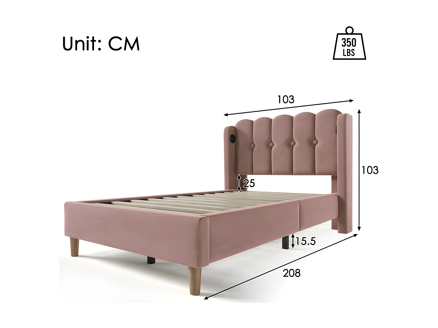 Lit 90x200cm rembourré en velours - avec Ports de recharge et sommier à lattes - Rose