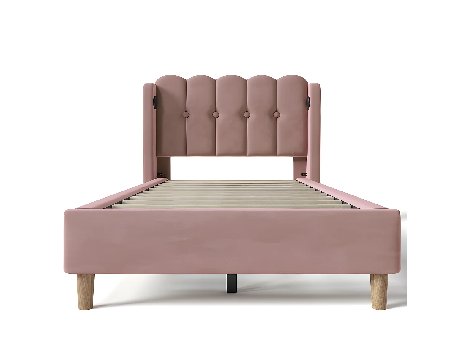 Lit 90x200cm rembourré en velours - avec Ports de recharge et sommier à lattes - Rose