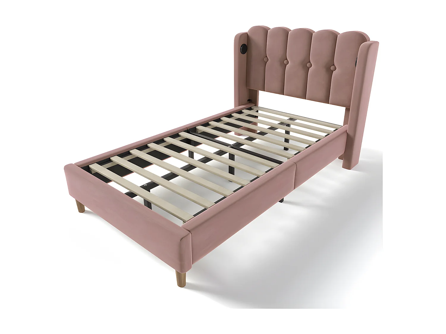 Lit 90x200cm rembourré en velours - avec Ports de recharge et sommier à lattes - Rose