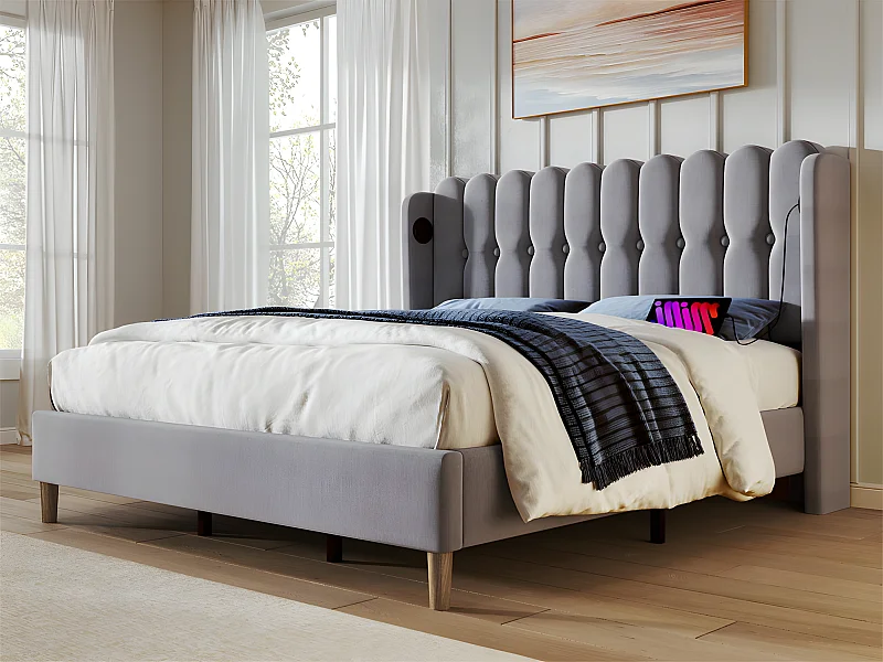 Gewatteerd linnen bed 160x200cm - met oplaadpoorten en lattenbodem - Grijs