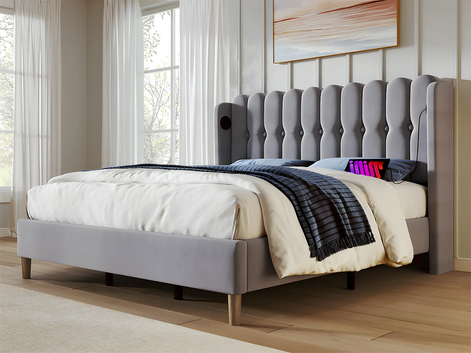 Letto imbottito in lino 160x200 cm - con prese di ricarica e rete a doghe - Grigio