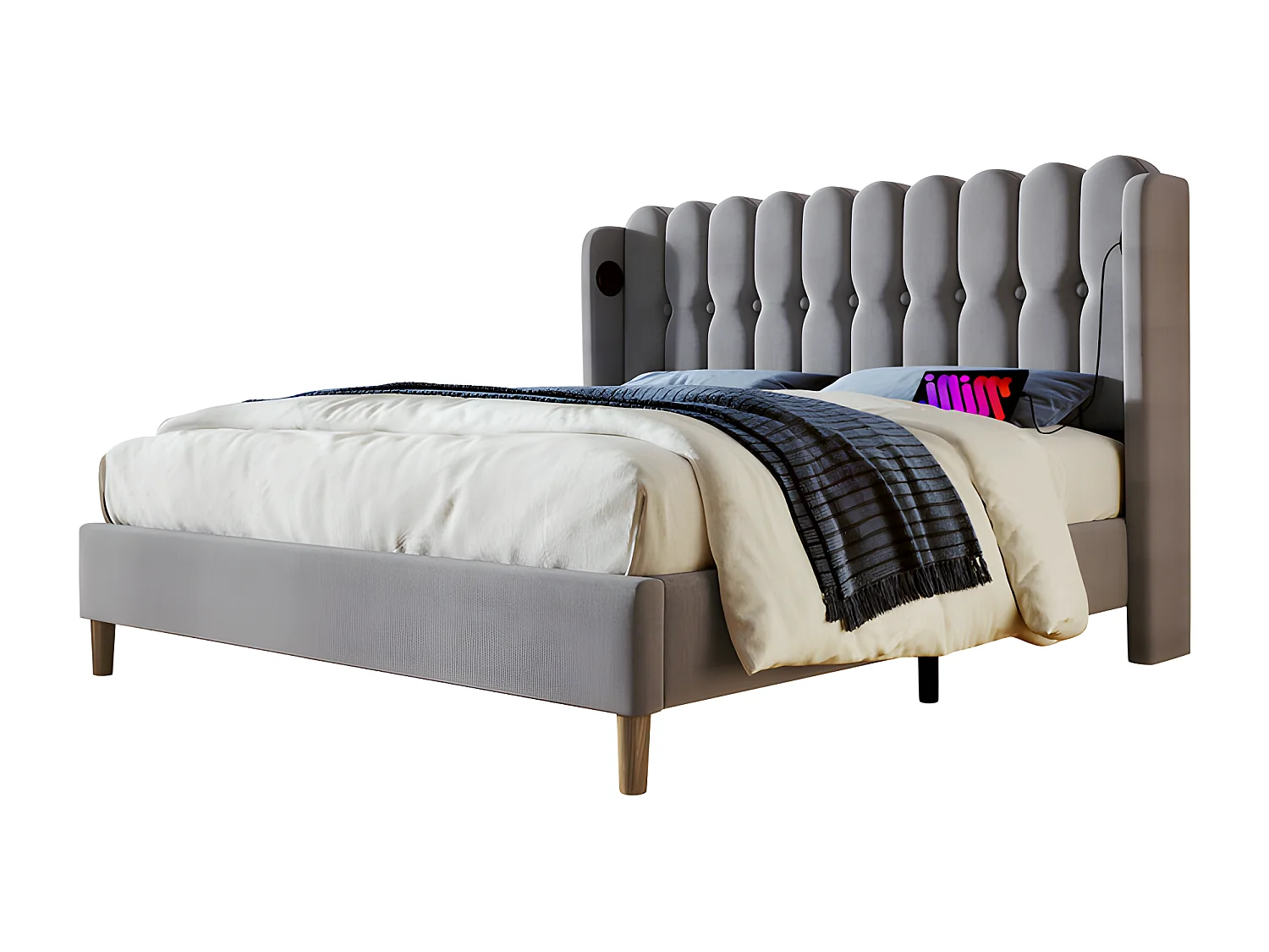 Letto imbottito in lino 160x200 cm - con prese di ricarica e rete a doghe - Grigio