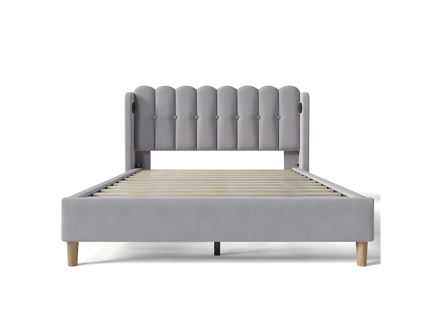 Letto imbottito in lino 160x200 cm - con prese di ricarica e rete a doghe - Grigio