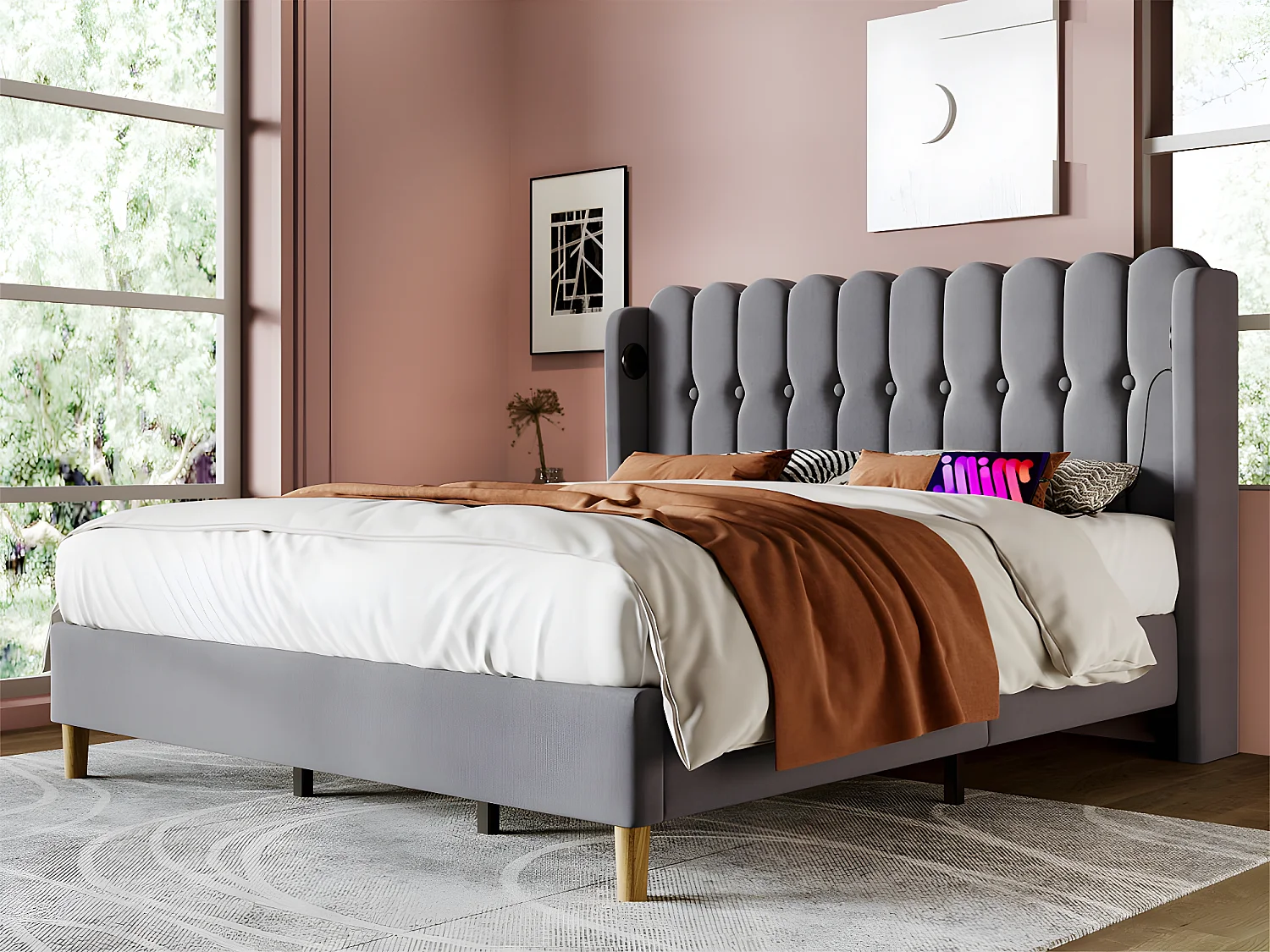 Gewatteerd linnen bed 180x200cm - met oplaadpoorten en lattenbodem - Grijs