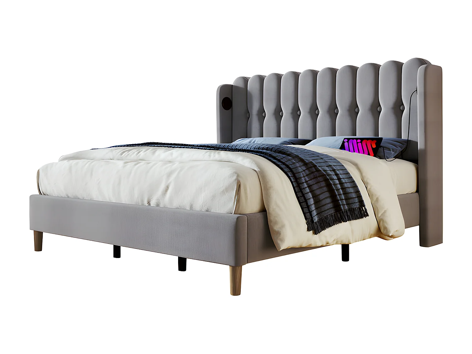 Gewatteerd linnen bed 180x200cm - met oplaadpoorten en lattenbodem - Grijs