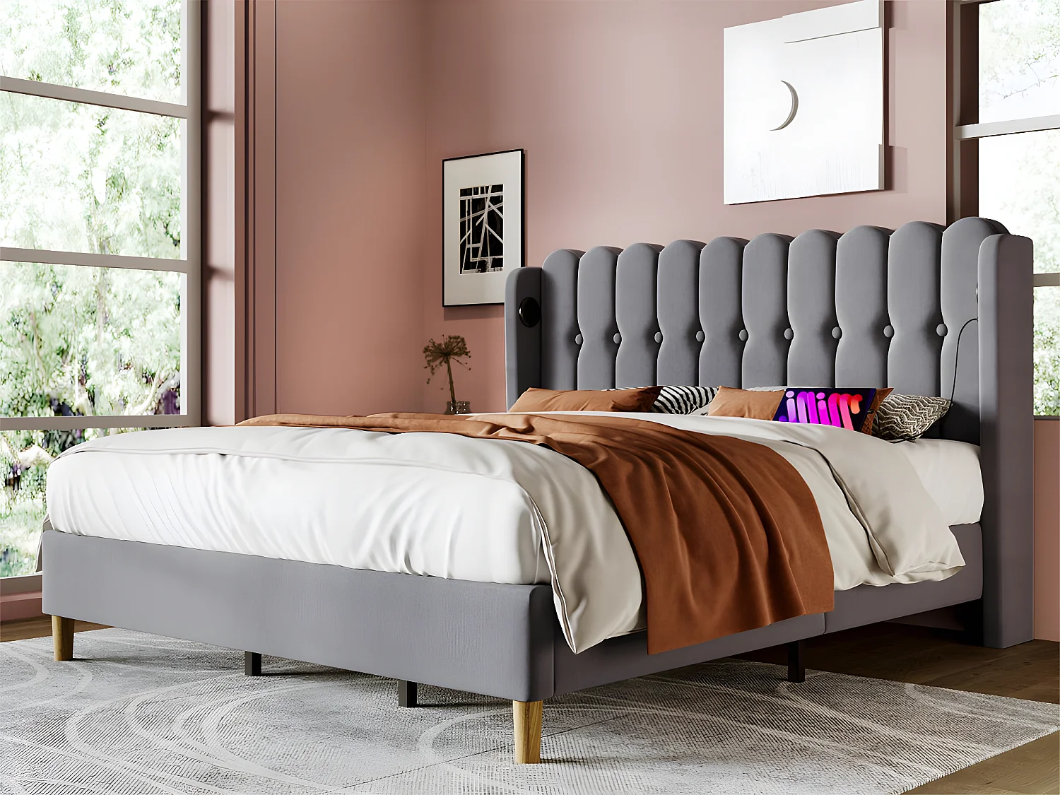 Lit 140x200cm rembourré en lin - avec Ports de recharge et sommier à lattes - Gris