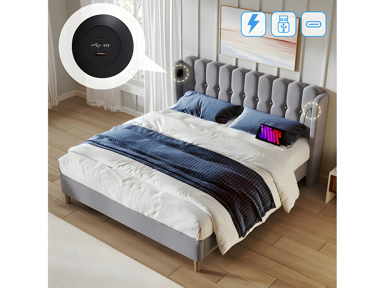 Lit 140x200cm rembourré en lin - avec Ports de recharge et sommier à lattes - Gris