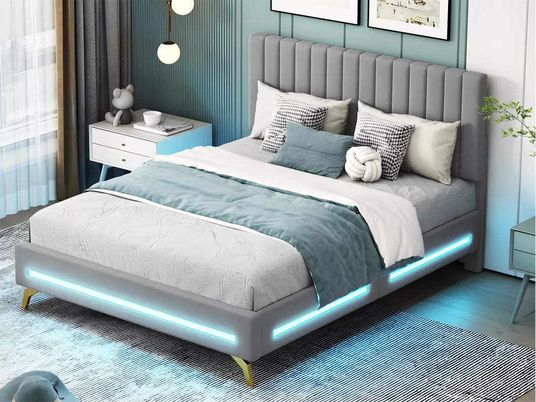 Kauf Unique Gepolstertes Doppelbett 140x200cm mit LED-Beleuchtung – Samtstoff – verstellbares Kopfteil – Grau (ohne Matratze)