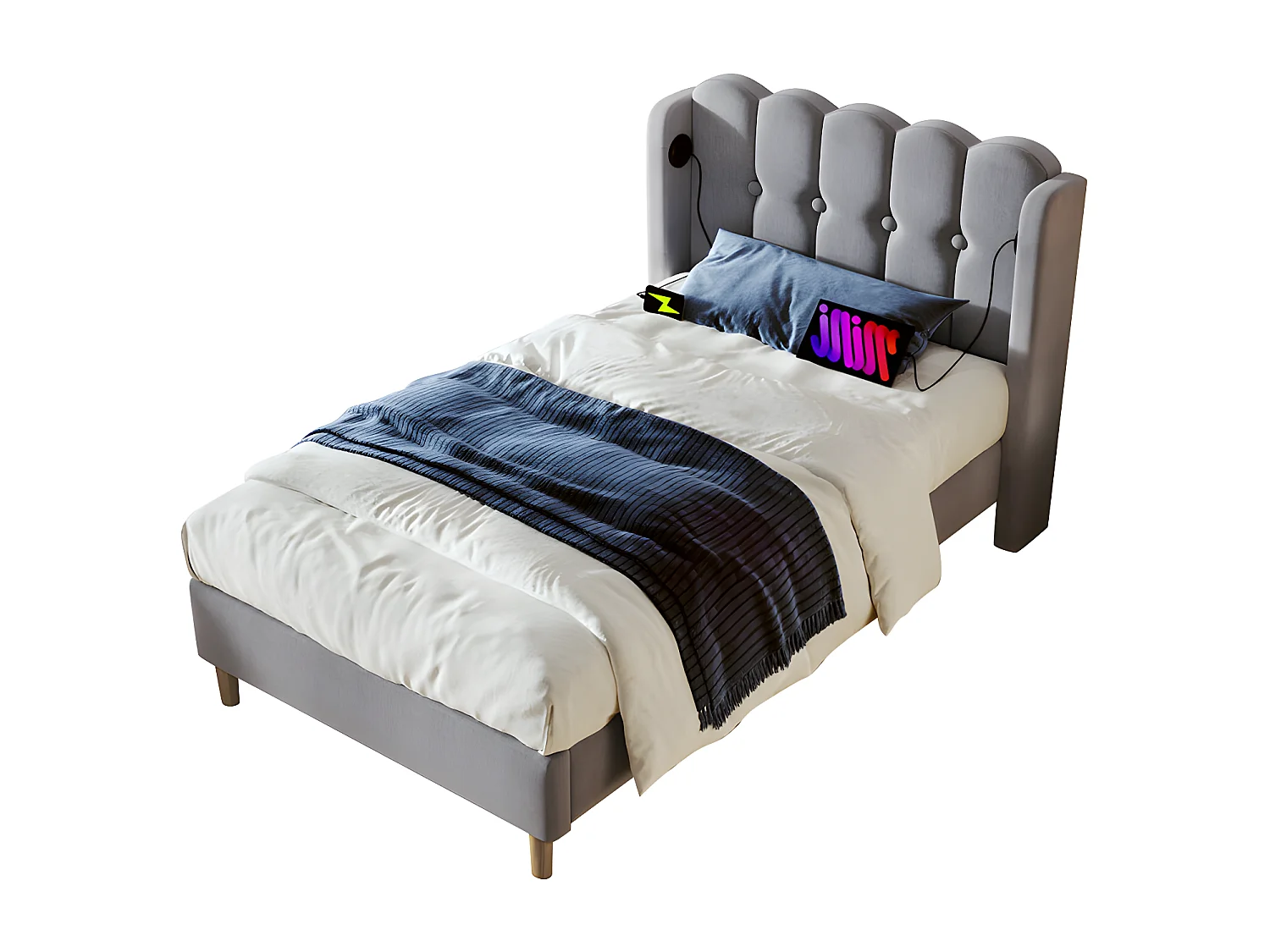 Gewatteerd linnen bed 90x200cm - met oplaadpoorten en lattenbodem - Grijs