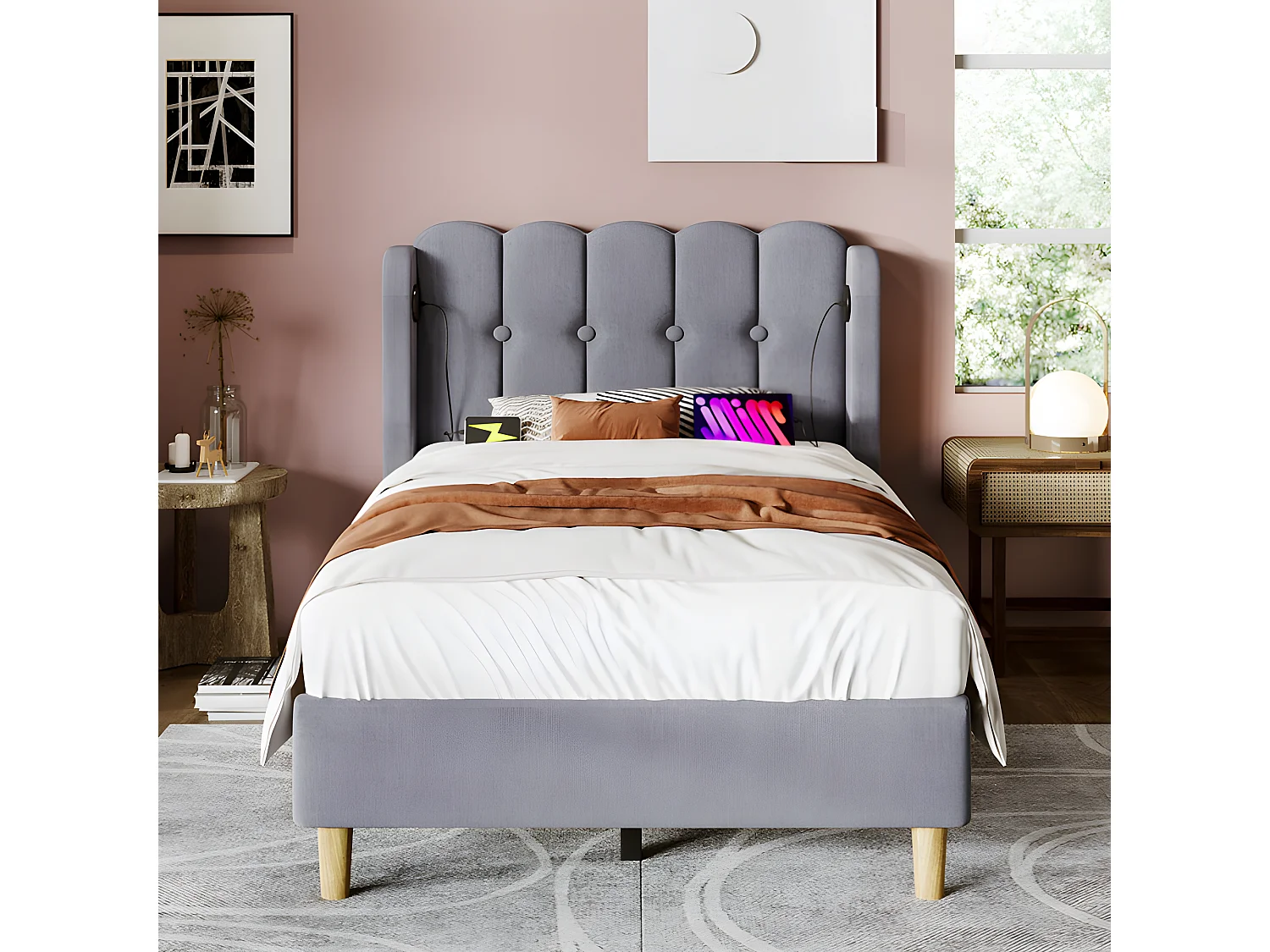 Cama de lino acolchada de 90x200 cm - con puertos de carga y somier - Gris