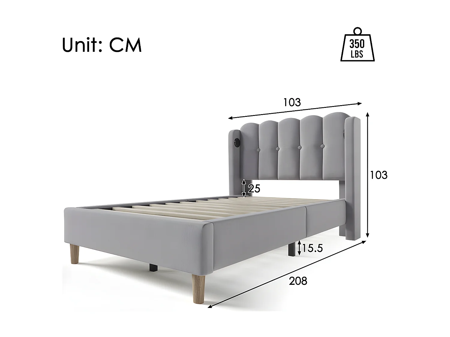 Cama de lino acolchada de 90x200 cm - con puertos de carga y somier - Gris