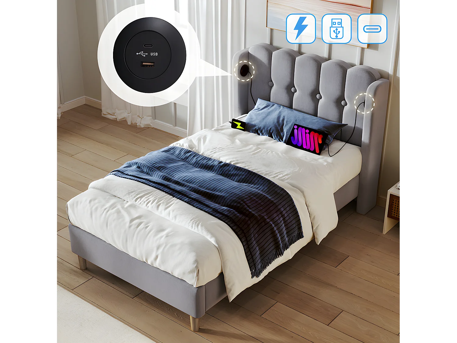 Lit 90x200cm rembourré en lin - avec Ports de recharge et sommier à lattes - Gris