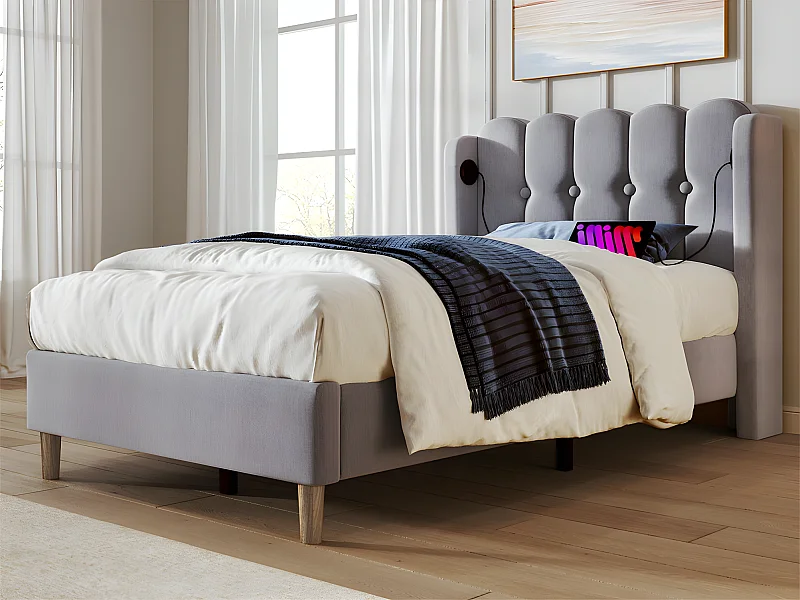 Gewatteerd linnen bed 90x200cm - met oplaadpoorten en lattenbodem - Grijs