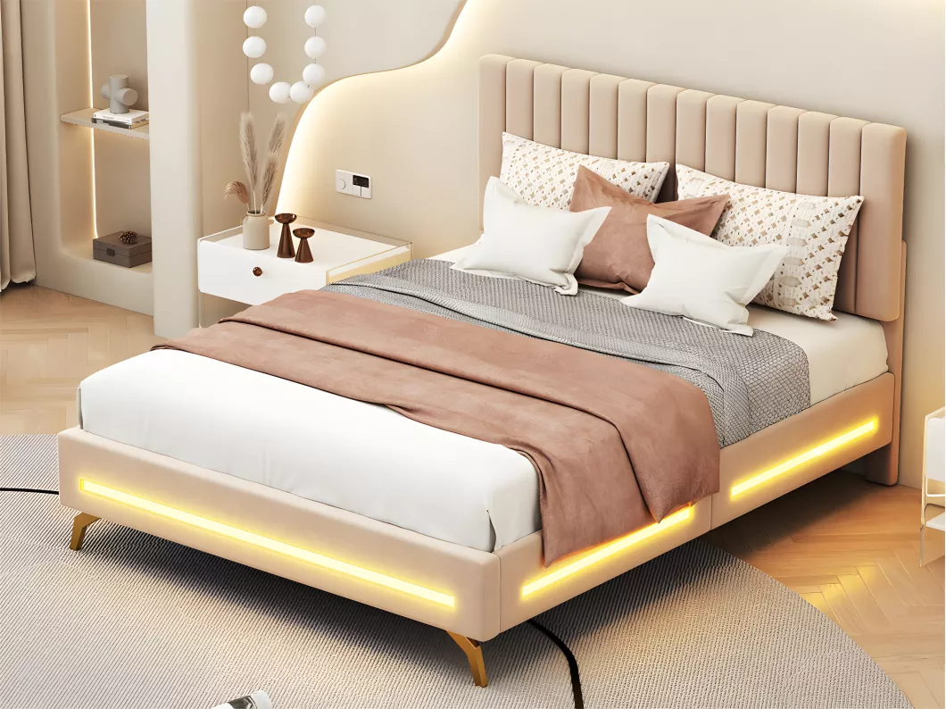 Kauf Unique Gepolstertes Doppelbett 140x200cm mit LED-Beleuchtung – Samtstoff – verstellbares Kopfteil – Beige (ohne Matratze)