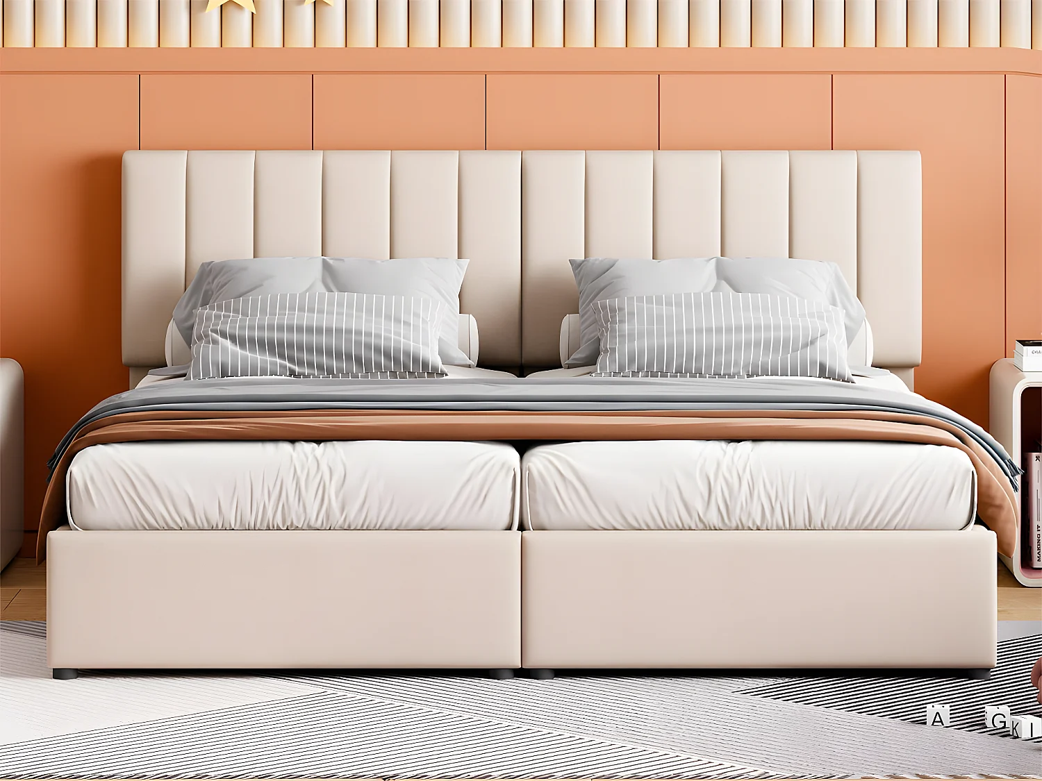 Gestoffeerd opbergbed in linnenstof - 180x200cm - om te bouwen tot 2 eenpersoonsbedden - Beige