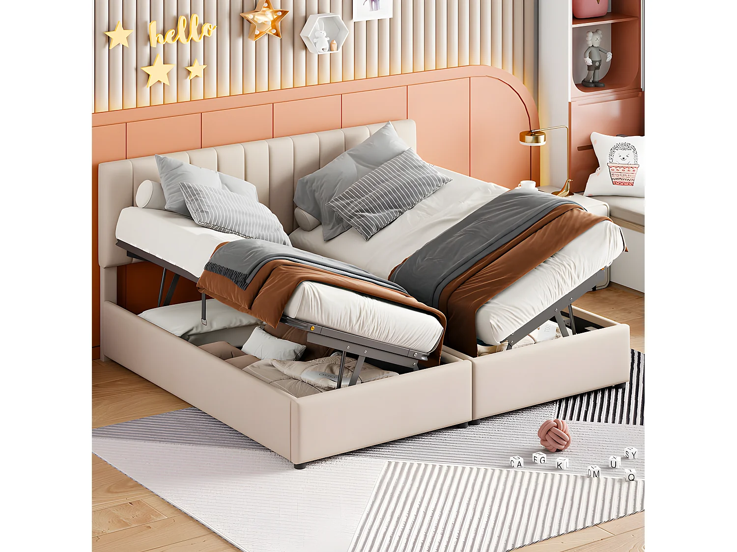 Gestoffeerd opbergbed in linnenstof - 180x200cm - om te bouwen tot 2 eenpersoonsbedden - Beige