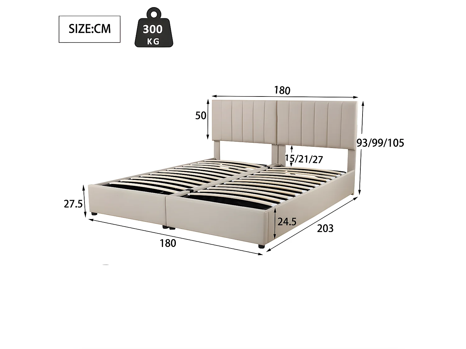 Gestoffeerd opbergbed in linnenstof - 180x200cm - om te bouwen tot 2 eenpersoonsbedden - Beige