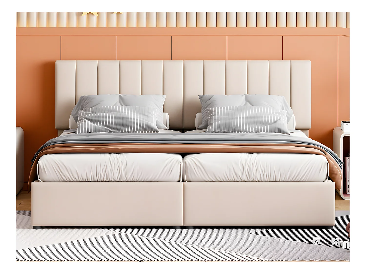 Gestoffeerd opbergbed in linnenstof - 180x200cm - om te bouwen tot 2 eenpersoonsbedden - Beige