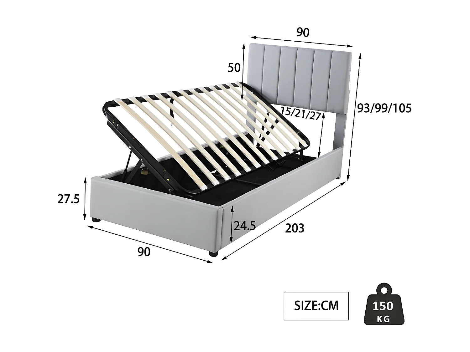 Lit coffre rembourré en tissu lin - 90x200cm - Gris