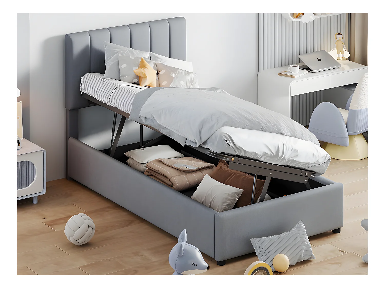 Lit coffre rembourré en tissu lin - 90x200cm - Gris