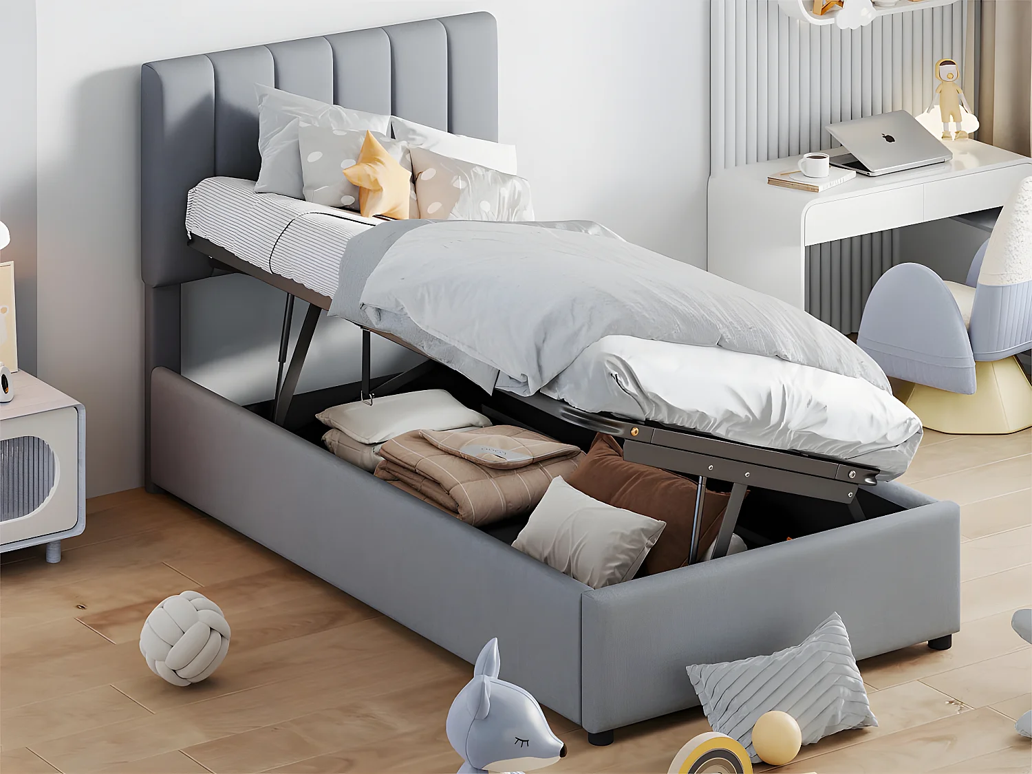 Lit coffre rembourré en tissu lin - 90x200cm - Gris