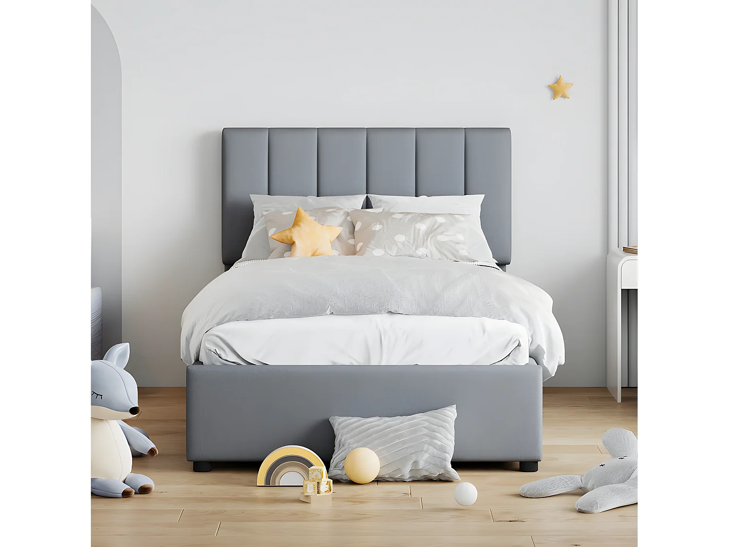 Lit coffre rembourré en tissu lin - 90x200cm - Gris