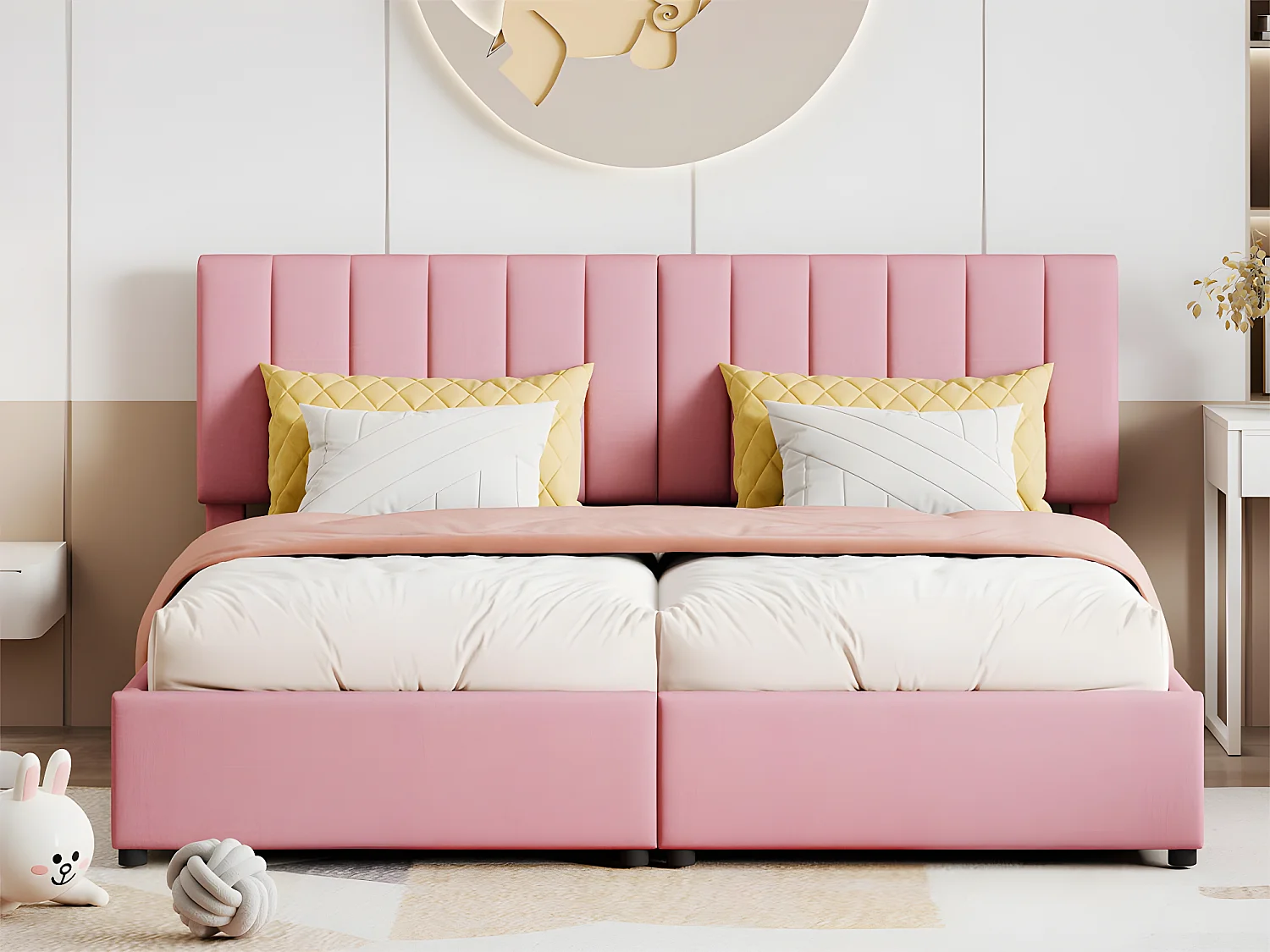 Gepolstertes Stauraumbett aus Leinenstoff – 180 x 200 cm – umwandelbar in 2 Einzelbetten – Rosa