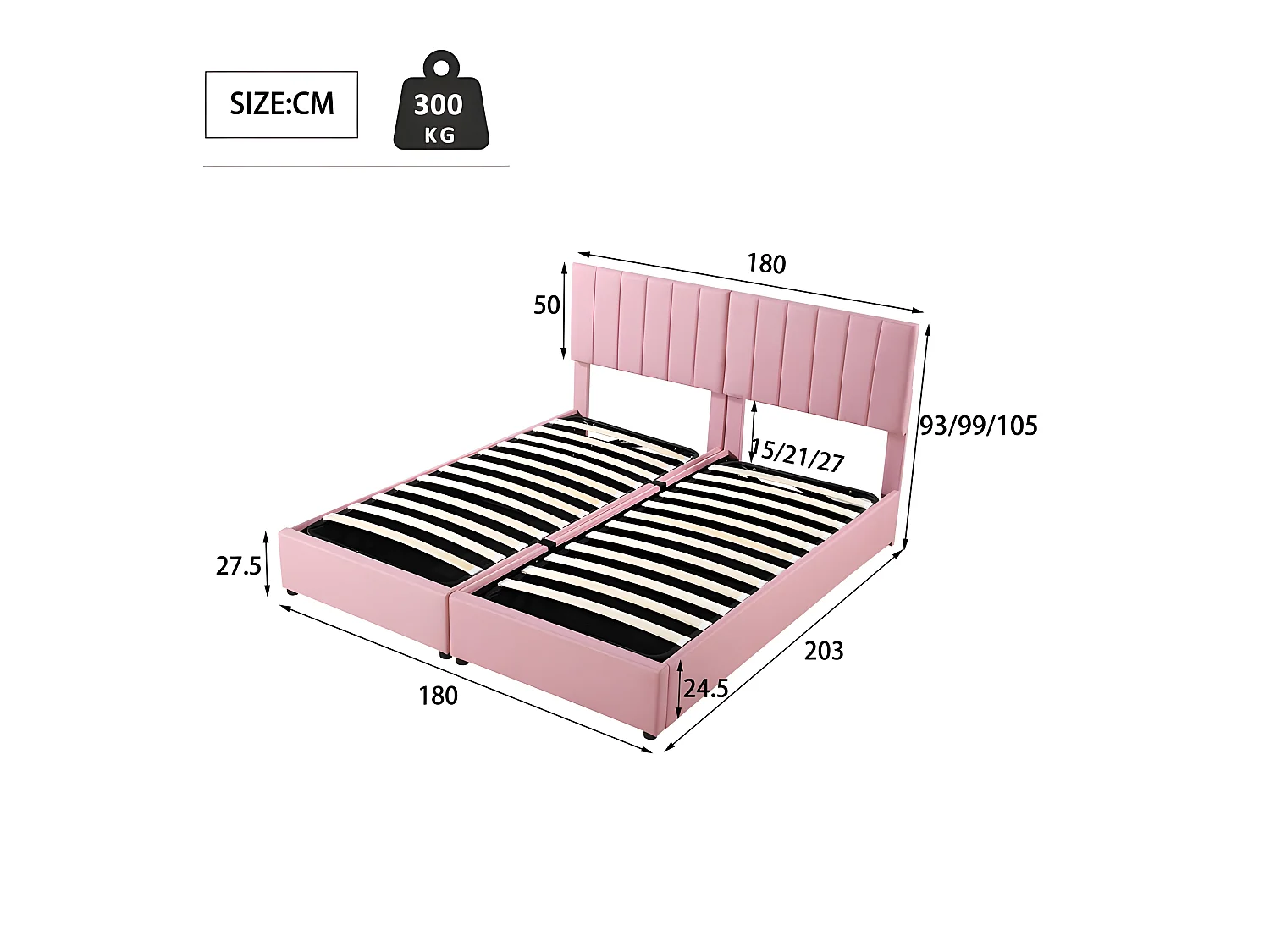 Gepolstertes Stauraumbett aus Leinenstoff – 180 x 200 cm – umwandelbar in 2 Einzelbetten – Rosa