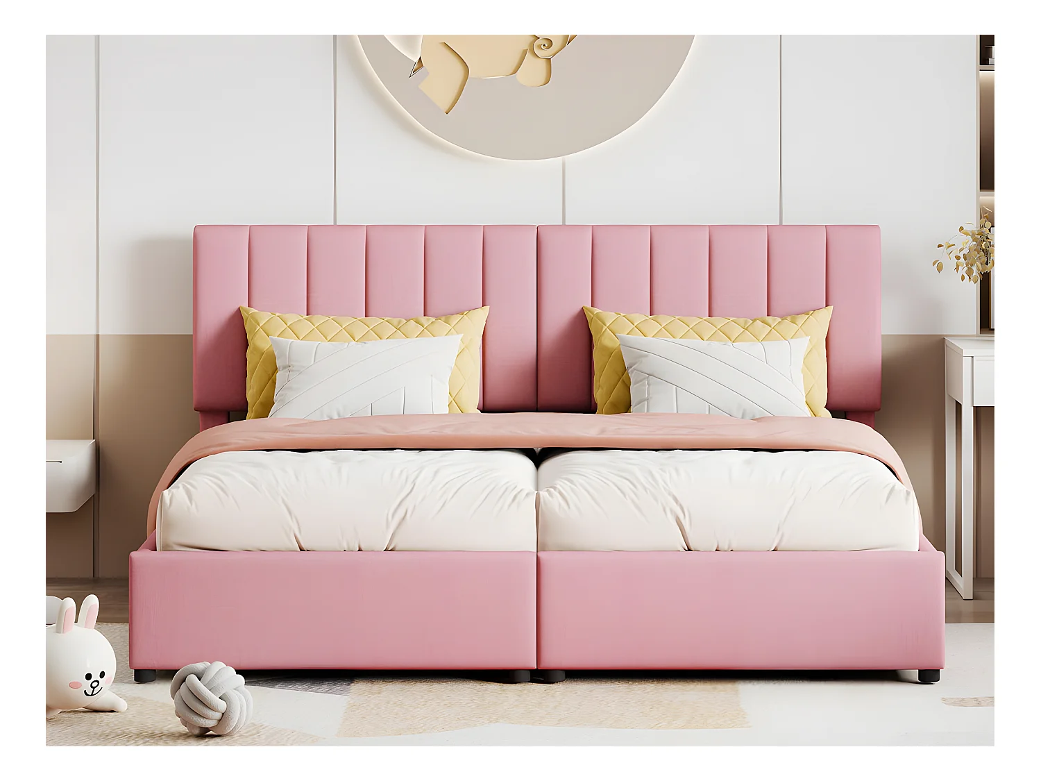 Gestoffeerd opbergbed in linnenstof - 180x200cm - om te bouwen tot 2 eenpersoonsbedden - Roze