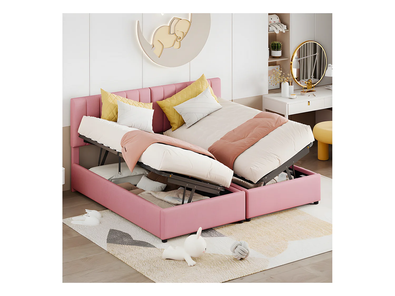 Cama canapé tapizada en tejido de lino - 180x200 cm - convertible en 2 camas individuales - Rosa