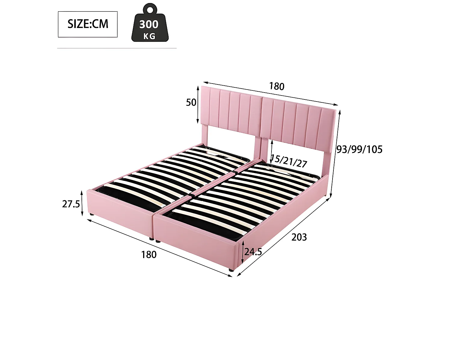 Lit coffre rembourré en tissu lin - 180x200cm - transformable en 2 lits simples - Rose