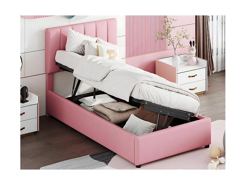 Gepolstertes Stauraumbett aus Leinenstoff – 90 x 200 cm – Rosa