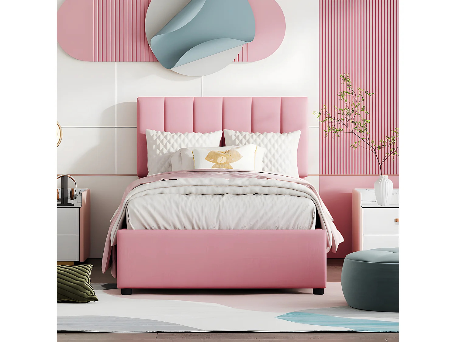 Gestoffeerd opbergbed in linnenstof - 90x200cm - Roze