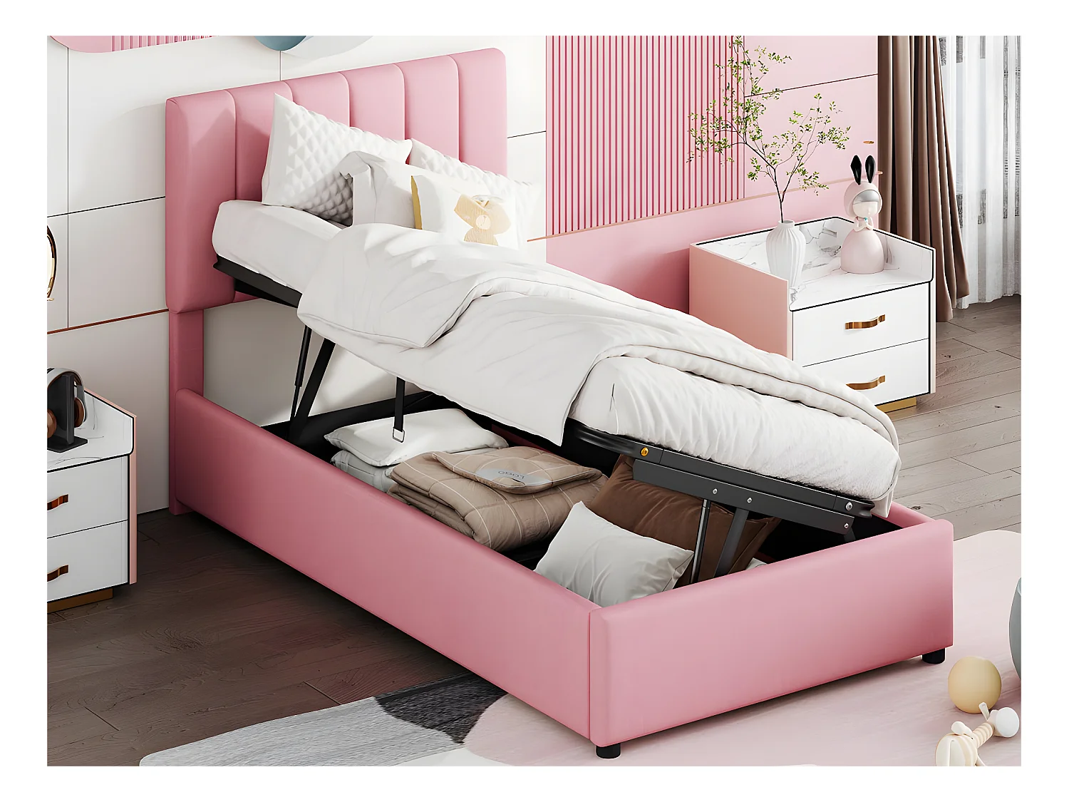 Lit coffre rembourré en tissu lin - 90x200cm - Rose