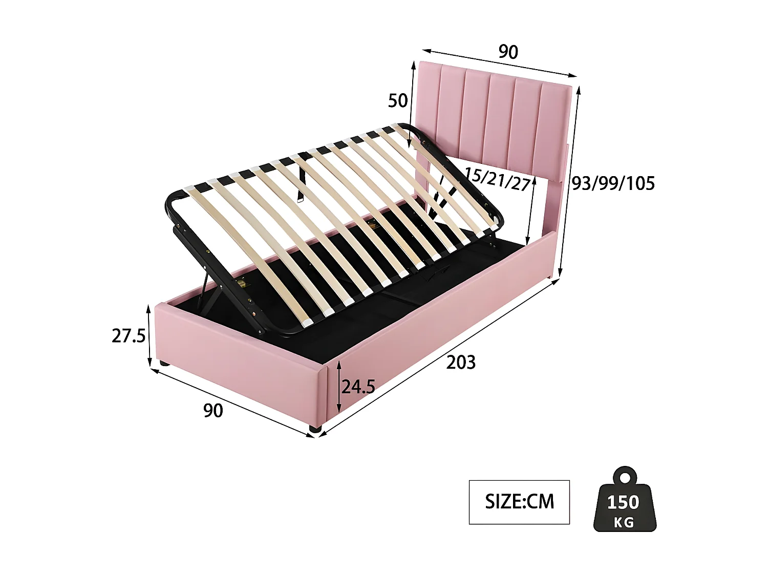 Cama con almacenaje tapizada en tela de lino - 90x200cm - Rosa