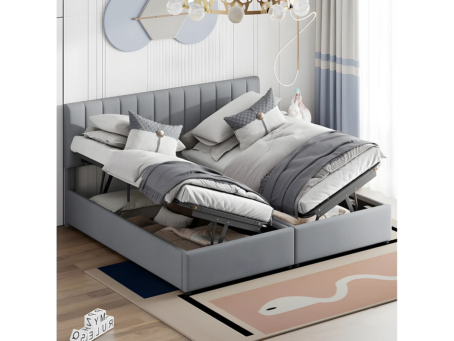 Letto contenitore imbottito in tessuto di lino - 180x200 cm - trasformabile in 2 letti singoli - Grigio