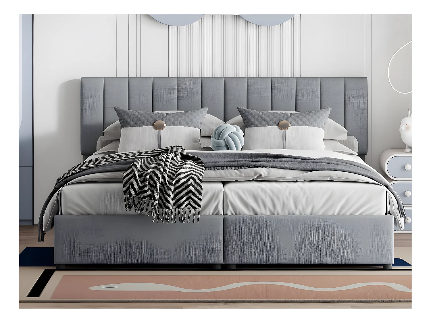 Lit coffre rembourré en tissu lin - 180x200cm - transformable en 2 lits simples - Gris