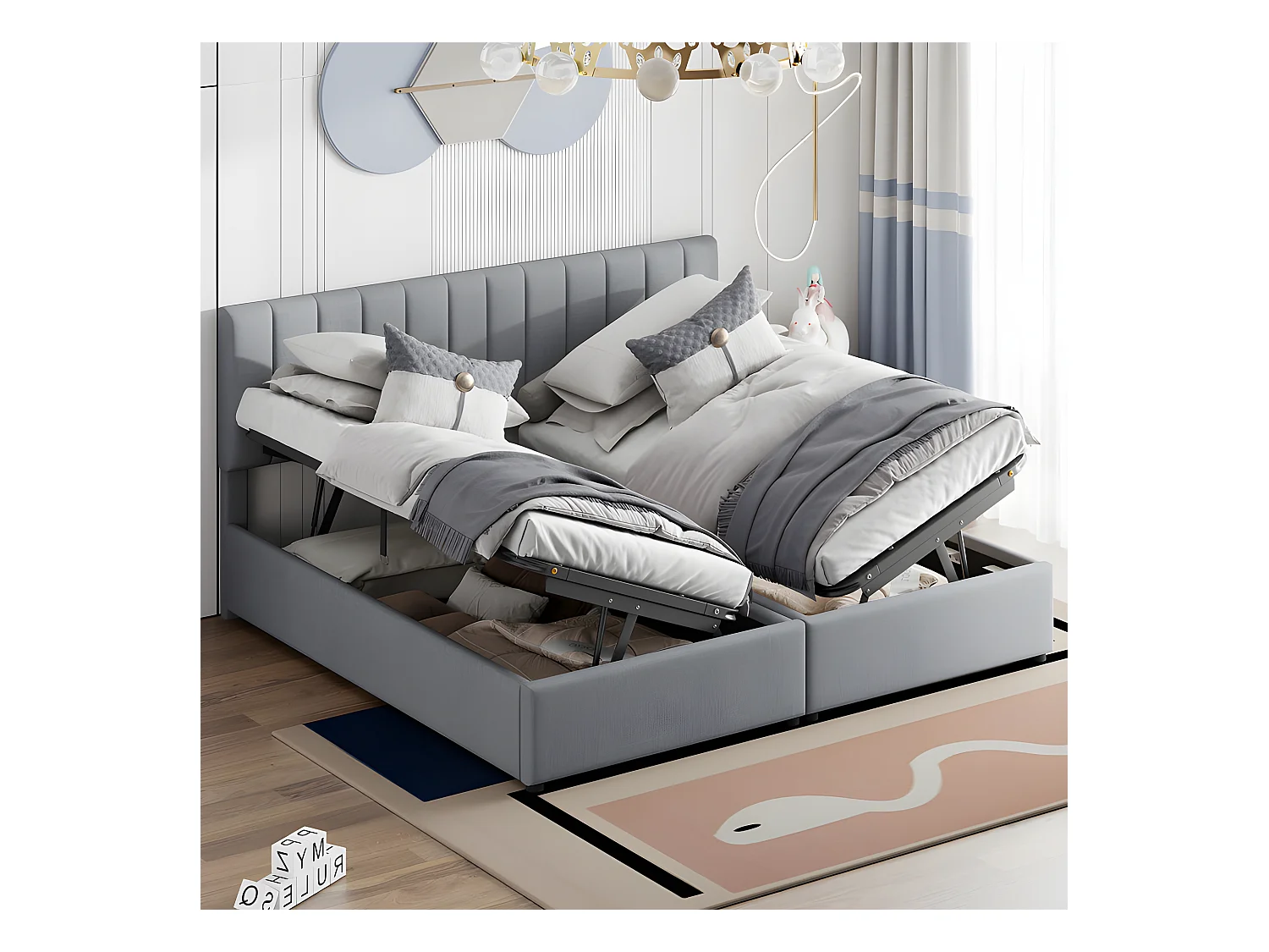 Cama canapé tapizada en tejido de lino - 180x200cm - convertible en 2 camas individuales - Gris