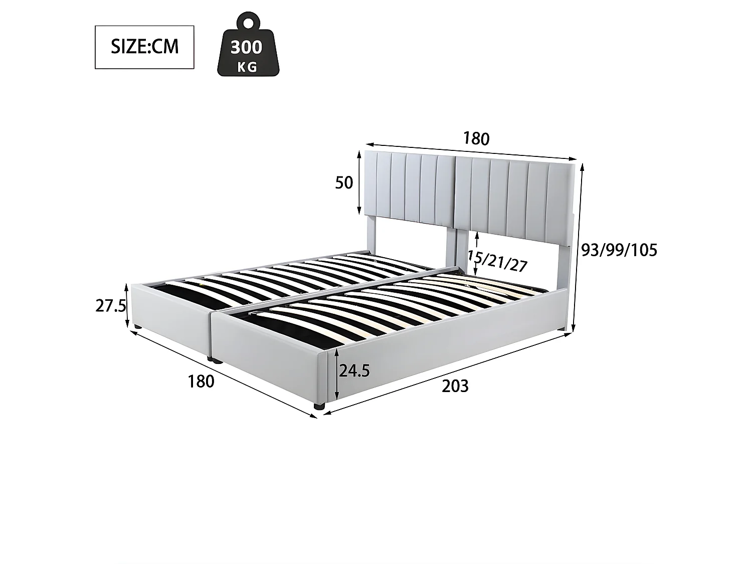 Letto contenitore imbottito in tessuto di lino - 180x200 cm - trasformabile in 2 letti singoli - Grigio