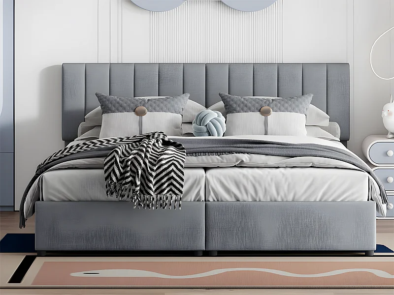 Lit coffre rembourré en tissu lin - 180x200cm - transformable en 2 lits simples - Gris