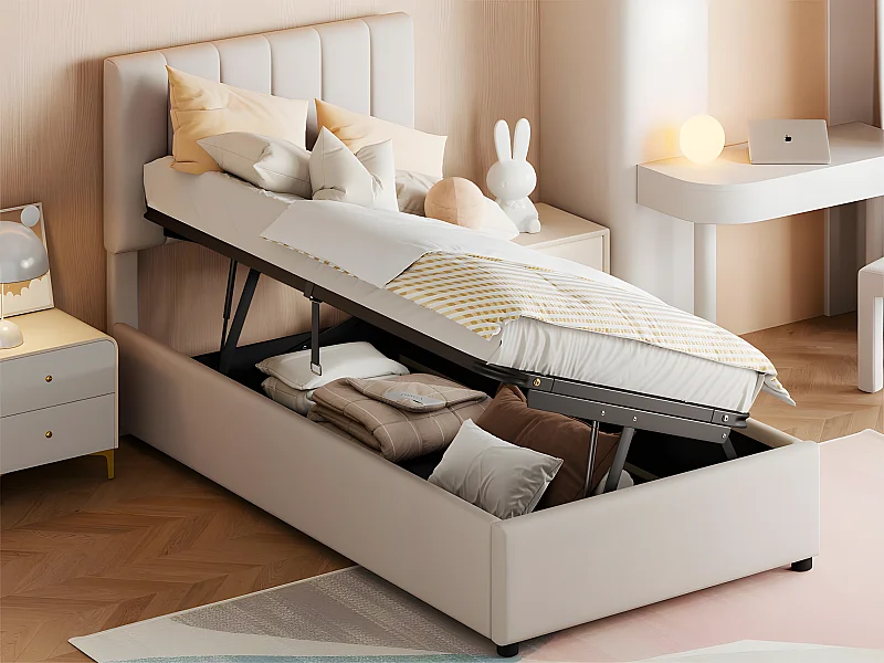 Cama con almacenaje tapizada en tela de lino - 90x200 cm - Beige -