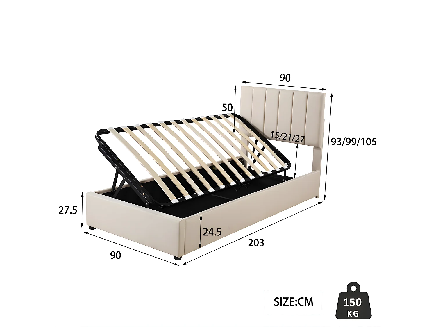 Lit coffre rembourré en tissu lin - 90x200cm - Beige