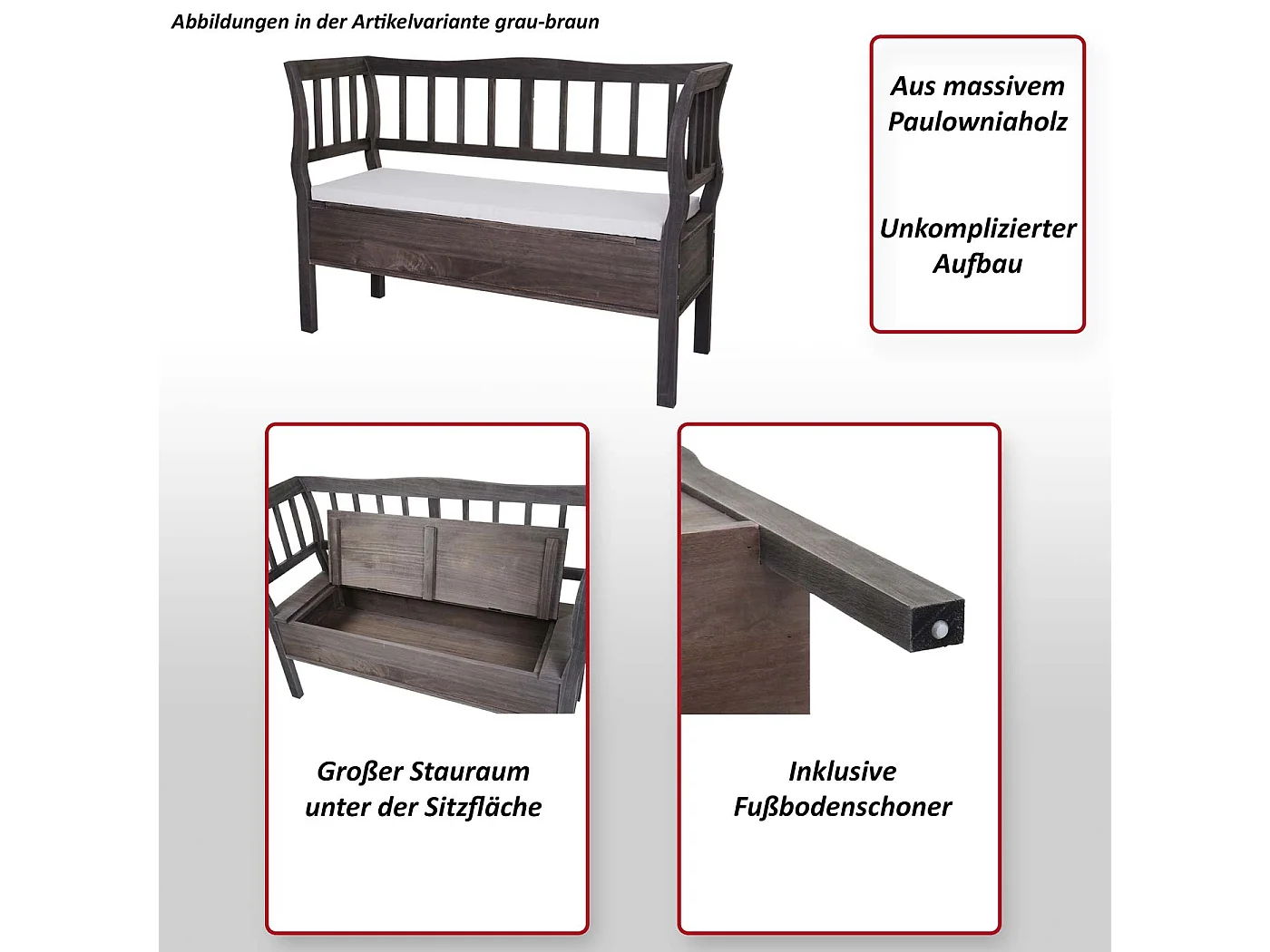Banc H207 Compartiment de rangement look shabby,  bois marron shabby chic