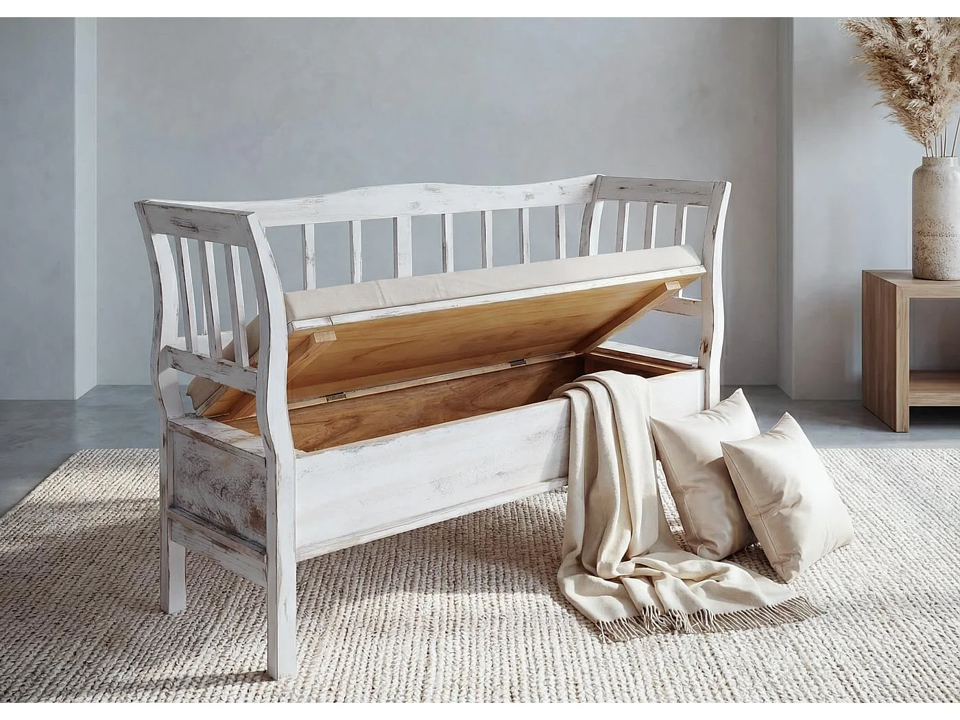 Ławka H207 Schowek Shabby-Look,  biała, shabby